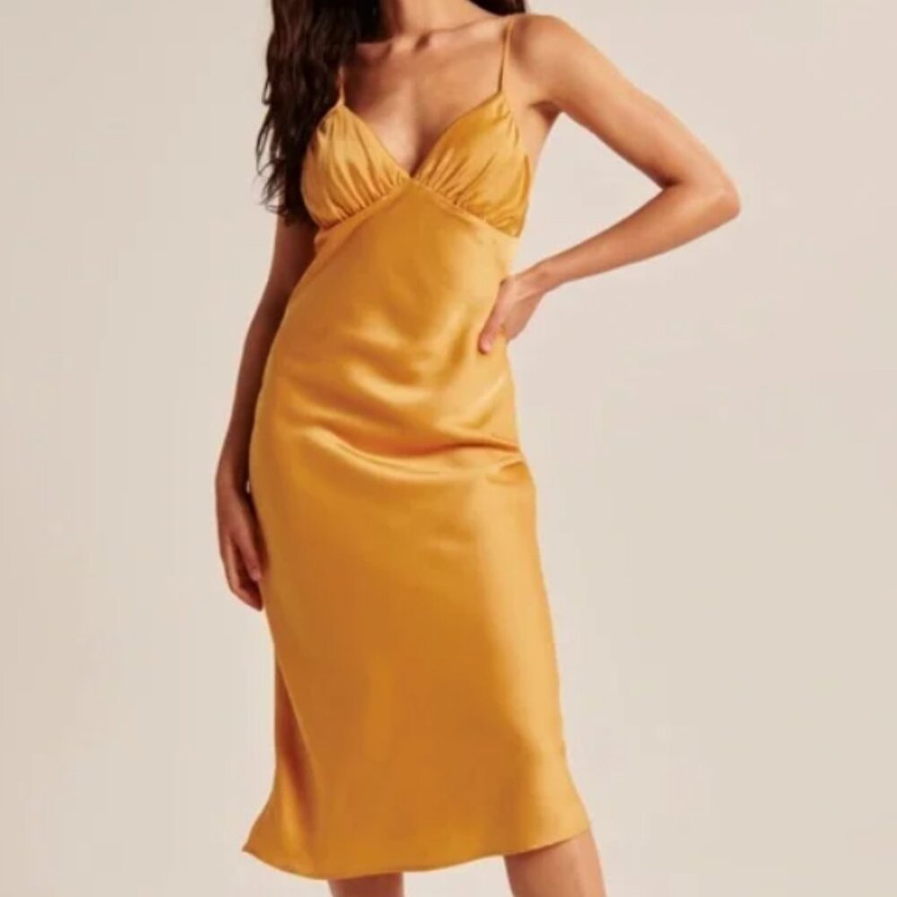 ABERCROMBIE & FITCH nwt Mustard Yellow Ruched Satin Slip Midi Dress - Picture 1 of 7